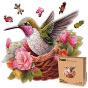 Quebra Cabeças em Madeira MDF para Adultos, Tema  Pássaro Glorious Hummingbird e Flores com 500 Peças, LEOGOR, Branco e Rosa