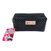 Estojo Necessaire Minnie Mouse Preta com Textura Brilhosa, Alça de Pulso e Puxador de Flor – Material PU Resistente e Licenciado Disney