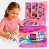 Kit Estojo Maleta Escolar Menina Unicórnio Rosa 150 Peças Canetinhas, Giz, Régua