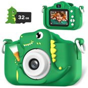 Câmera infantil dinossauro para meninos de 3 a 12 anos, 12MP, vídeo HD 1080p, bateria recarregável, cartão SD 32GB, cordão portátil e jogos.OUTUVAS.