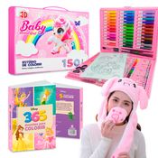 Kit Pintura Maleta 150 Peças com Livro de Colorir Disney Princesas e Touca Pelúcia Led Levanta Orelhas