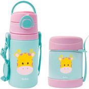 Kit Pote Térmico Girafa Bebê Buba e Garrafa de Alumínio Girafa Com Canudo de Silicone Buba