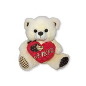 Urso de Pelúcia Duda Creme com Coração Amor Bordado Fizzy Toys Macio e Encantador para Presentear