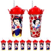 50 Copos Branca de Neve Canudo e Coroa Sacolinha Surpresa Doces e Decoração Infantil