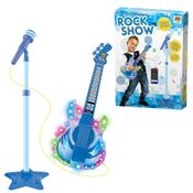 Guitarra Microfone Infantil Luz Som Eletrônica Karaokê Pedestal Rock Show Azul - DM Toys