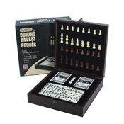 Tabuleiro Jogo Xadrez Domino Poker Dados Maleta Madeira 3 em 1 Diversão Família 20x20cm