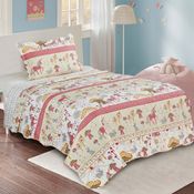 Kit Cobre Leito Colcha Solteiro Infantil Joy Dupla Face Estampado 2 Peças - Cogumelos - Rosa