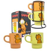 Garfield Kit Original Com 2 Canecas Cerâmicas Empilháveis 150mL + Suporte Em Aço Inox, Zona Criativa