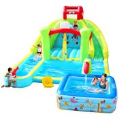Parque Aquático Inflável com Duplo Tobogã, Castelo Pula-Pula, Escalada, Piscina, Basquete e Piscina Profunda de Tamanho Generoso,WELLFUNTIME