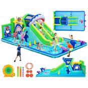 Parque Aquático Inflável com Tobogã e Parque Aquático da FBSPORT: Castelo com Duplo Tobogã, Parede de Escalada, Área de Pulo, Arremesso de Argolas.