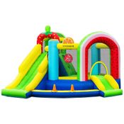 Parque Aquático Inflável de Frutas VIVOHOME 7 em 1 com Escorregador e Basquete, 3,65x3,65m, Ideal para Diversão ao Ar Livre, Inflador Incluso