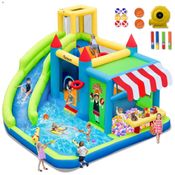 Casa de Pulos Inflável FBSPORT com Escorregador Aquático, Diversão Garantida para Crianças com Mercadinho e Piscina de Splash, Parede de Escalada,