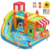 Parque Aquático Inflável com Tobogã Aquático FBSPORT, Diversão Garantida para Crianças com Quiosque de Brinquedos, Piscina de Respingos.