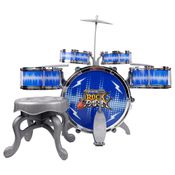 Bateria Instrumento Acústica Musical Infantil Criança Rock Party Menino Azul Com Banquinho e Baqueta - DM Toys