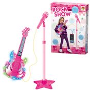 Guitarra Microfone Pedestal Infantil Com Luz e Som Amplificador Eletrônica Karaokê Rock Show Rosa - DM toys
