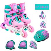 Patins Roller Infantil Feminino 30-33 + Kit de Proteção - Rosa - 70mm - Ajustável do nº 30 ao 33