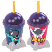Kit com 2 Copos de Foguete Infantil com Tampa e Canudo 280ml Astronauta Plasútil