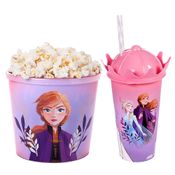 Kit Especial Frozen Anna e Elsa 2 em 1 Pote Pipoca e Copo Coroa Meninas Presente