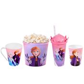 Kit Frozen Estampado 4 em 1 Balde de Pipoca Copo Shake com Tampa Caneca e Copo 320ml