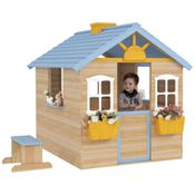 Casa de Madeira para Crianças Outsunny, Ideal para Brincadeiras ao Ar Livre, com Porta, Janelas, Banco e Estação de Serviço,