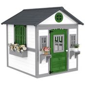 Casa de Bonecas Infantil Outsunny, Casinha de Madeira c/ Portas, Janelas, Vasos e Caixas p/ Crianças de 3 a 8 Anos, Casa de Brincar p/ Quintal, Branca