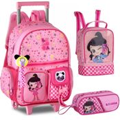 Kit Mochila de Rodinhas Lancheira Estojo LULUCA LU24614 Rosa
