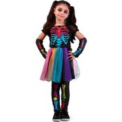 Fantasia Esqueleto Infantil pra Menina Colorida Com Luvas e Meias