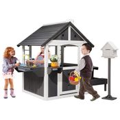 Casinha de Madeira JOYMOR para Crianças ao Ar Livre com Pia, Mesa de Piquenique, Caixa de Correio e Suporte para Vasos de Flores - Cinza/Branco