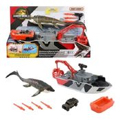 Jurassic world Rebirth Matchbox -  Barco Resgate C/ Guincho e Dispara dardos 33 Cm ( vai na agua) - Mosasaurus 34 Cm Bot