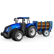 Trator azul de Brinquedo Realista New Holland com Carretinha Carga de Madeira Toras