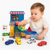 Mini Pista Estacionamento Infantil com 12 Peças - Carrinho, Rampas e Placas - Brinquedo Educativo e Interativo - A Partir de 3 Anos