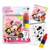 Livro de Colorir Infantil Disney com 3 Gizes de Cera em Bloco - Minnie, Stitch ou Mickey - Brinquedo Educativo e Criativo