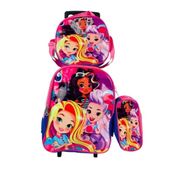 Kit Mochila Infantil com Rodinhas Princesas Rosa e Lancheira