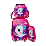 Kit Mochila Infantil com Rodinhas Unicórnio Rosa e Lancheira