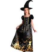 Fantasia Halloween Bruxa Infantil Gótico Vestido Longo de Luxo Com Chapéu