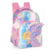 Mochila Escolar Alça Barbie Fada Holográfico Rosa - Luxcel