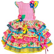 Vestido Festa Junina Infantil Rosa Xadrez e Floral de Luxo Com Saia Rodada