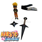 Kit Boneco Naruto 15Cm + 2 Shuriken + 1 Bandana + 2 Kunai