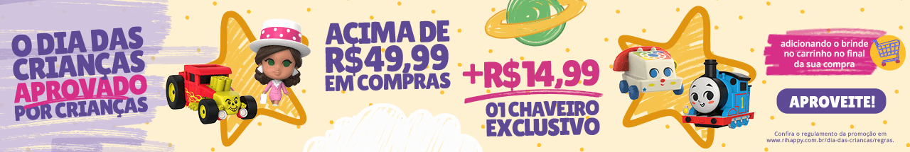 Banner promocional: Em compras a partir de 49,99 reais em produtos vendidos e entregues por Ri Happy, leve um chaveiro por mais R$14,99 adicionando a miniatura no carrinho