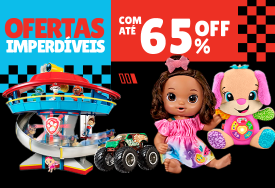 Banner de ofertas imperdíveis com até 65% de desconto